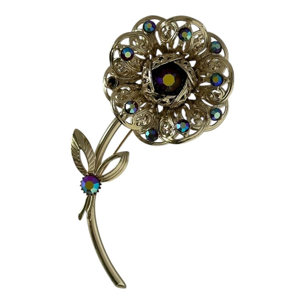 Vintage Sarah Coventry Flower Brooch AB Rhinestones Gold Tone Botanical